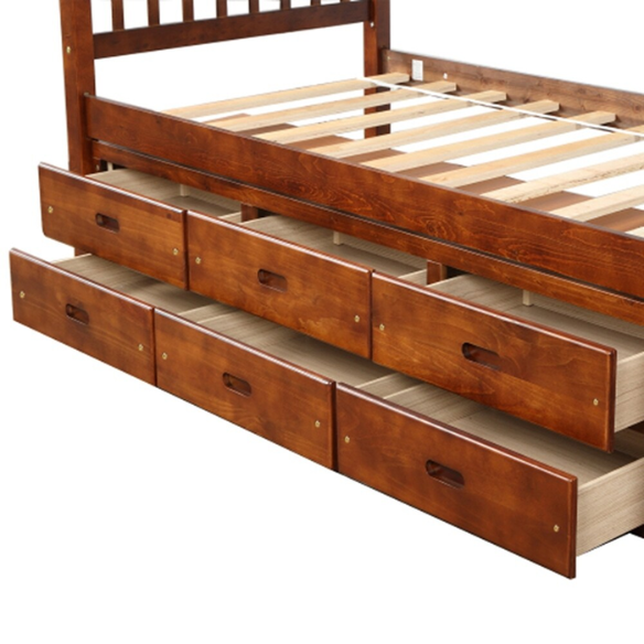 Walnut twin bed frame made of solid pine wood with pull-out underbed storage drawers, non-toxic finish, and slatted base, ideal for kids or teens in a rustic or transitional bedroom.

