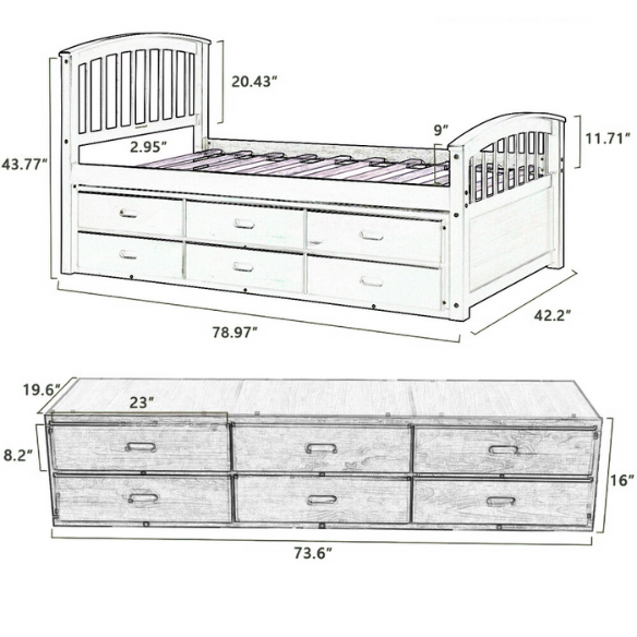 Walnut twin bed frame made of solid pine wood with pull-out underbed storage drawers, non-toxic finish, and slatted base, ideal for kids or teens in a rustic or transitional bedroom.

