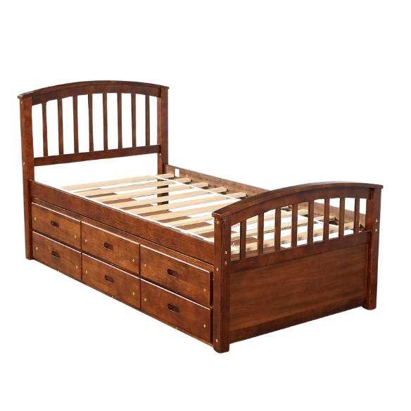 Walnut twin bed frame made of solid pine wood with pull-out underbed storage drawers, non-toxic finish, and slatted base, ideal for kids or teens in a rustic or transitional bedroom.

