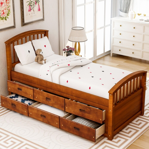 Walnut twin bed frame made of solid pine wood with pull-out underbed storage drawers, non-toxic finish, and slatted base, ideal for kids or teens in a rustic or transitional bedroom.

