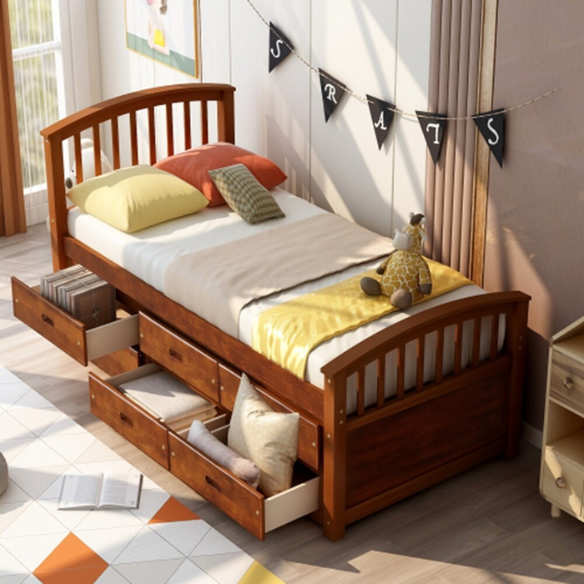 Walnut twin bed frame made of solid pine wood with pull-out underbed storage drawers, non-toxic finish, and slatted base, ideal for kids or teens in a rustic or transitional bedroom.

