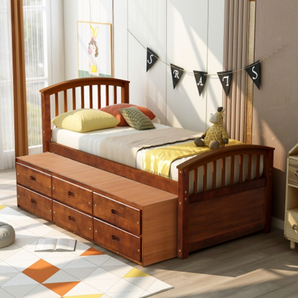 Walnut twin bed frame made of solid pine wood with pull-out underbed storage drawers, non-toxic finish, and slatted base, ideal for kids or teens in a rustic or transitional bedroom.

