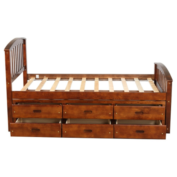 Walnut twin bed frame made of solid pine wood with pull-out underbed storage drawers, non-toxic finish, and slatted base, ideal for kids or teens in a rustic or transitional bedroom.

