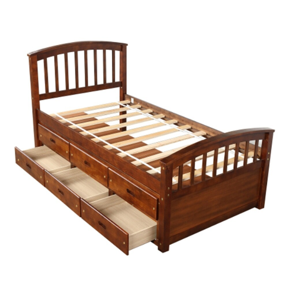 Walnut twin bed frame made of solid pine wood with pull-out underbed storage drawers, non-toxic finish, and slatted base, ideal for kids or teens in a rustic or transitional bedroom.

