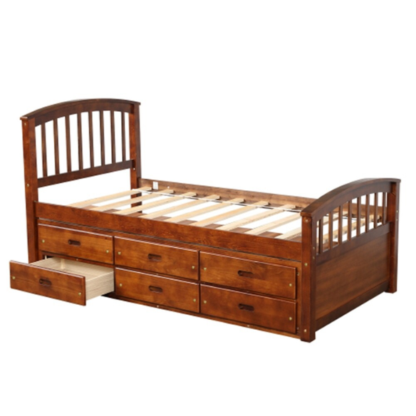 Walnut twin bed frame made of solid pine wood with pull-out underbed storage drawers, non-toxic finish, and slatted base, ideal for kids or teens in a rustic or transitional bedroom.

