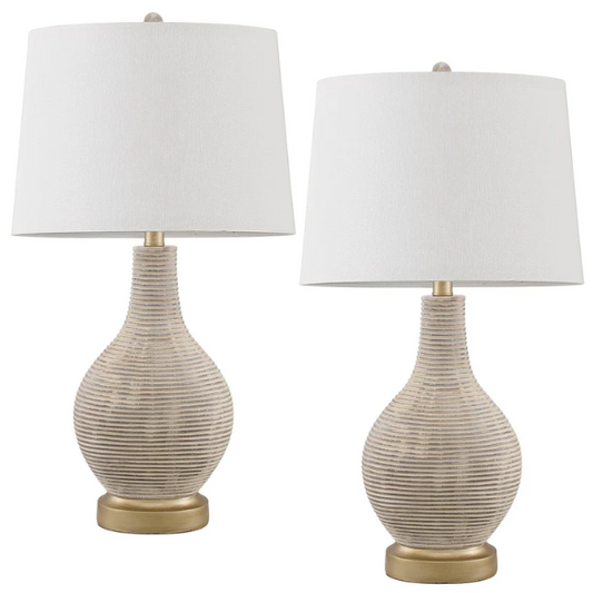 Set of two 24.5-inch Washed Beige and Gold Farmhouse Table Lamps with White Linen Drum Shades