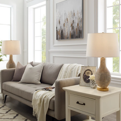 Set of two 24.5-inch Washed Beige and Gold Farmhouse Table Lamps with White Linen Drum Shades