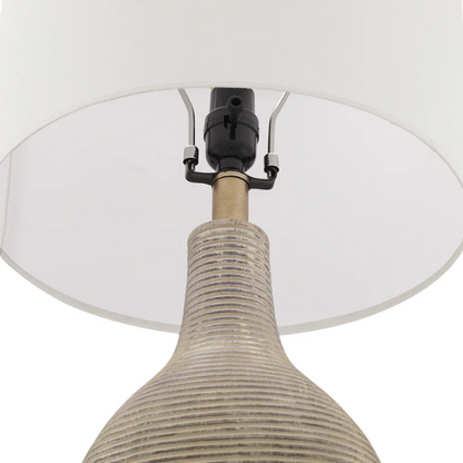 Set of two 24.5-inch Washed Beige and Gold Farmhouse Table Lamps with White Linen Drum Shades