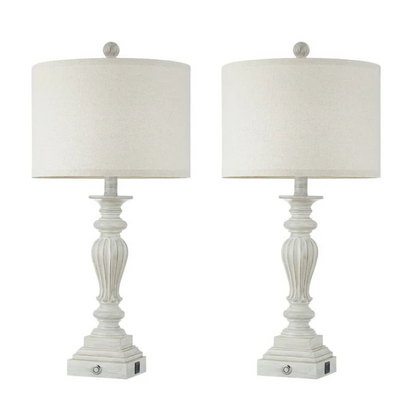Set of 2 painted washed white resin table lamps with beige fabric drum shades, touch control dimming, built-in USB ports and AC outlet – perfect for farmhouse, coastal, or traditional décor

