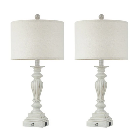 Set of 2 painted washed white resin table lamps with beige fabric drum shades, touch control dimming, built-in USB ports and AC outlet – perfect for farmhouse, coastal, or traditional décor

