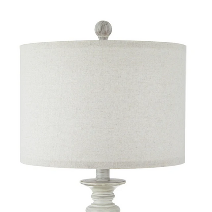 Set of 2 painted washed white resin table lamps with beige fabric drum shades, touch control dimming, built-in USB ports and AC outlet – perfect for farmhouse, coastal, or traditional décor

