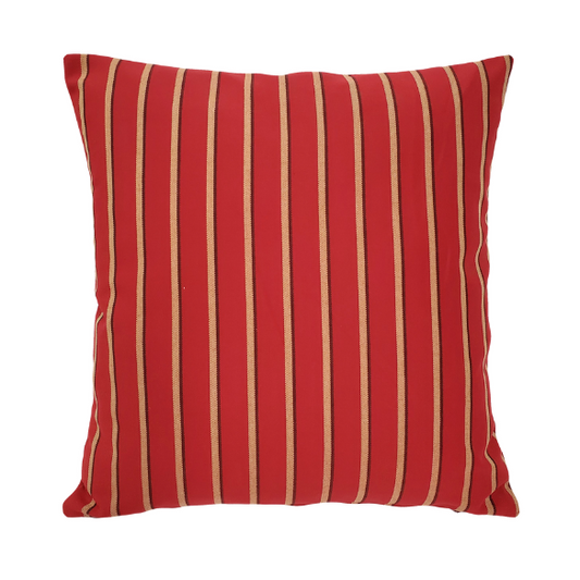 Weather-resistant striped accent pillow in red, tan, and black – durable, reversible, and mildew-resistant with overstuffed polyester fill, perfect for patio, deck, or living room décor.

