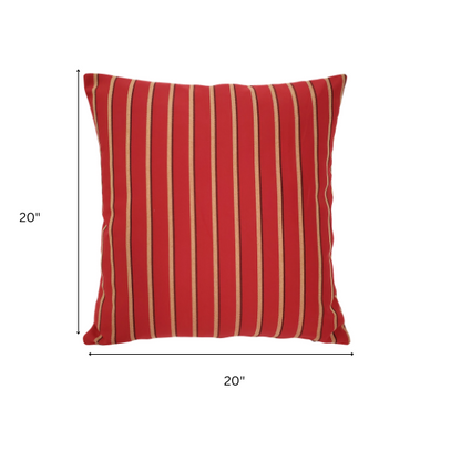Weather-resistant striped accent pillow in red, tan, and black – durable, reversible, and mildew-resistant with overstuffed polyester fill, perfect for patio, deck, or living room décor.

