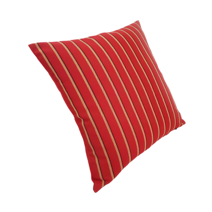 Weather-resistant striped accent pillow in red, tan, and black – durable, reversible, and mildew-resistant with overstuffed polyester fill, perfect for patio, deck, or living room décor.

