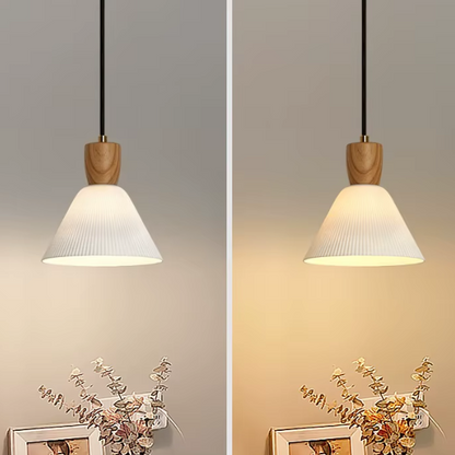 White ceramic pendant light with ash wood accent socket, adjustable hanging farmhouse chandelier.