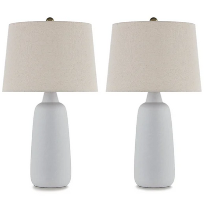 Set of two white ceramic table lamps with textured conical bases and modified drum fabric shades, 3-way switch, 26.5 inches tall.

