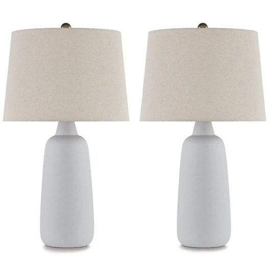 Set of two white ceramic table lamps with textured conical bases and modified drum fabric shades, 3-way switch, 26.5 inches tall.

