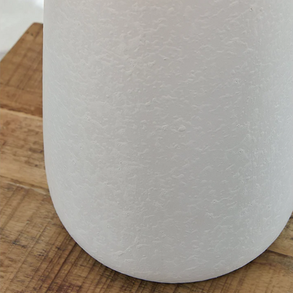 Set of two white ceramic table lamps with textured conical bases and modified drum fabric shades, 3-way switch, 26.5 inches tall.

