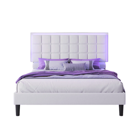White full size upholstered platform bed with button-tufted headboard, LED lighting, and built-in charging station.


