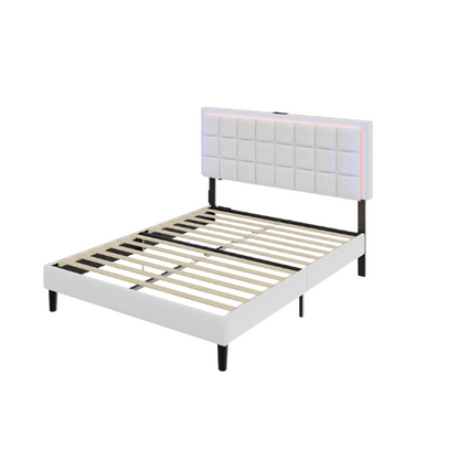 White full size upholstered platform bed with button-tufted headboard, LED lighting, and built-in charging station.

