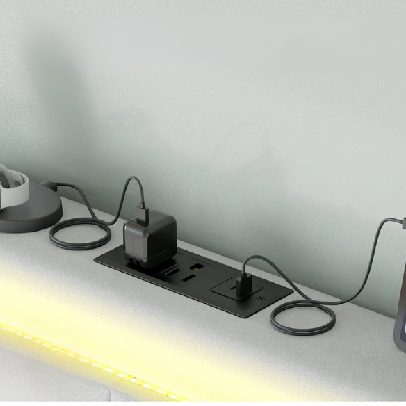 White full size upholstered platform bed with button-tufted headboard, LED lighting, and built-in charging station.

