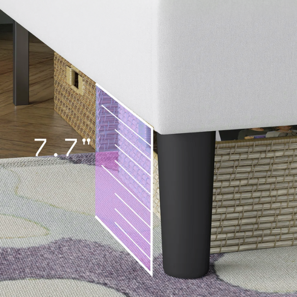 White full size upholstered platform bed with button-tufted headboard, LED lighting, and built-in charging station.

