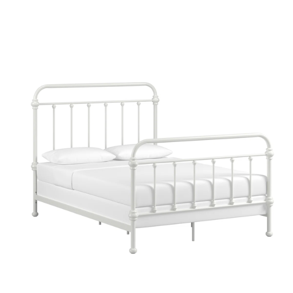 White full size metal bed frame with spindle headboard and footboard, decorative finials, and center support legs.