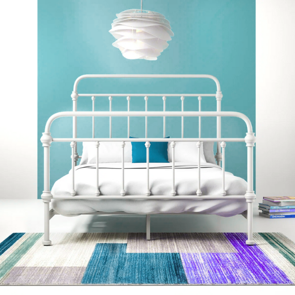 White full size metal bed frame with spindle headboard and footboard, decorative finials, and center support legs.