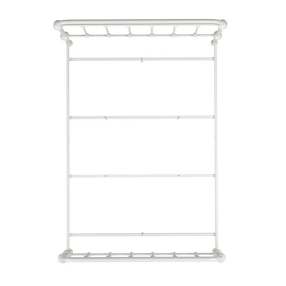 White full size metal bed frame with spindle headboard and footboard, decorative finials, and center support legs.