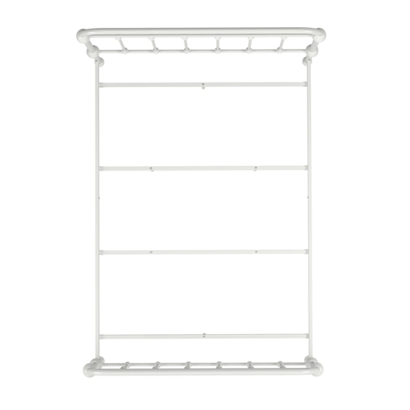 White full size metal bed frame with spindle headboard and footboard, decorative finials, and center support legs.