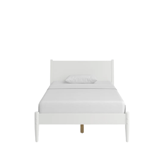 White full-size mid-century modern solid wood platform bed with tapered legs and rectangular headboard