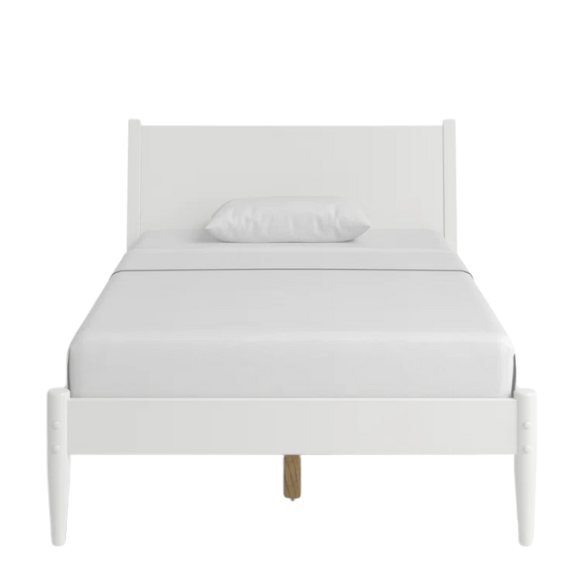 White full-size mid-century modern solid wood platform bed with tapered legs and rectangular headboard