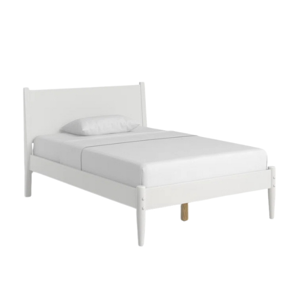 White full-size mid-century modern solid wood platform bed with tapered legs and rectangular headboard