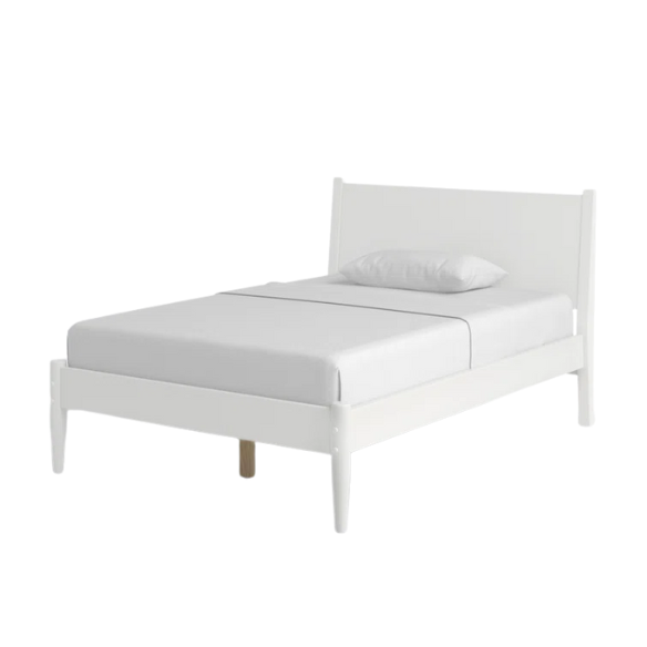 White full-size mid-century modern solid wood platform bed with tapered legs and rectangular headboard