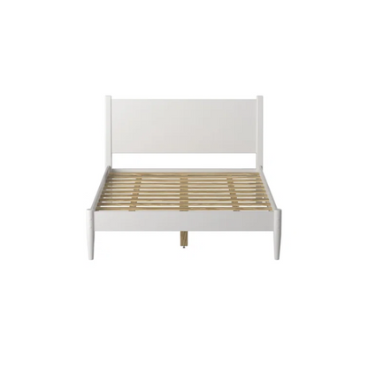 White full-size mid-century modern solid wood platform bed with tapered legs and rectangular headboard