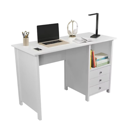 White Modern Computer Desk with 3 Drawers for Office, Gaming & Study