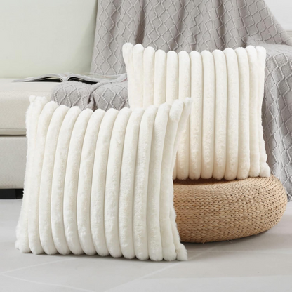 Soft white striped throw pillow cover with faux wool front and velvet back, 16x16 size.