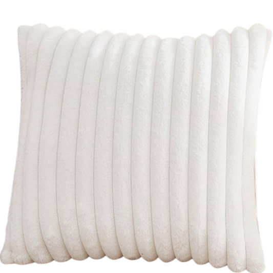 Soft white striped throw pillow cover with faux wool front and velvet back, 16x16 size.