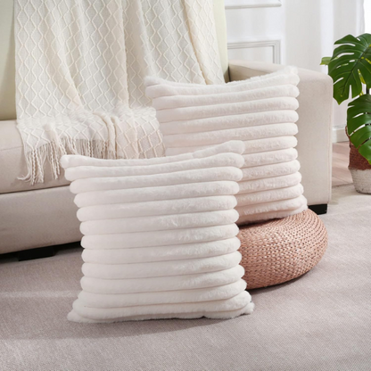 Soft white striped throw pillow cover with faux wool front and velvet back, 16x16 size.