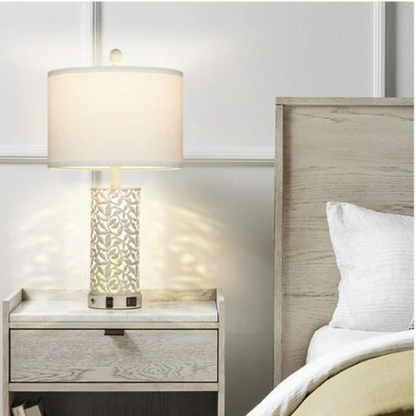 Set of 2 white table lamps with LED nightlight, built-in USB charging ports and AC outlet, touch and rotary switches, and fabric drum shades – perfect for bedside or living room lighting

