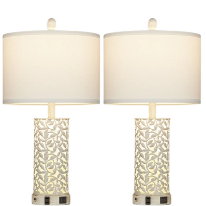 Set of 2 white table lamps with LED nightlight, built-in USB charging ports and AC outlet, touch and rotary switches, and fabric drum shades – perfect for bedside or living room lighting

