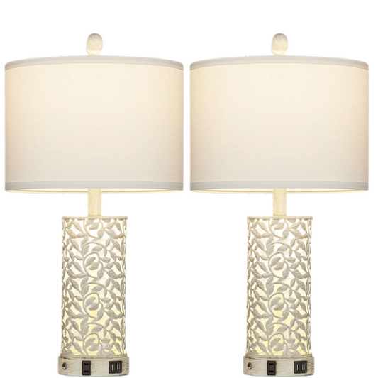 Set of 2 white table lamps with LED nightlight, built-in USB charging ports and AC outlet, touch and rotary switches, and fabric drum shades – perfect for bedside or living room lighting

