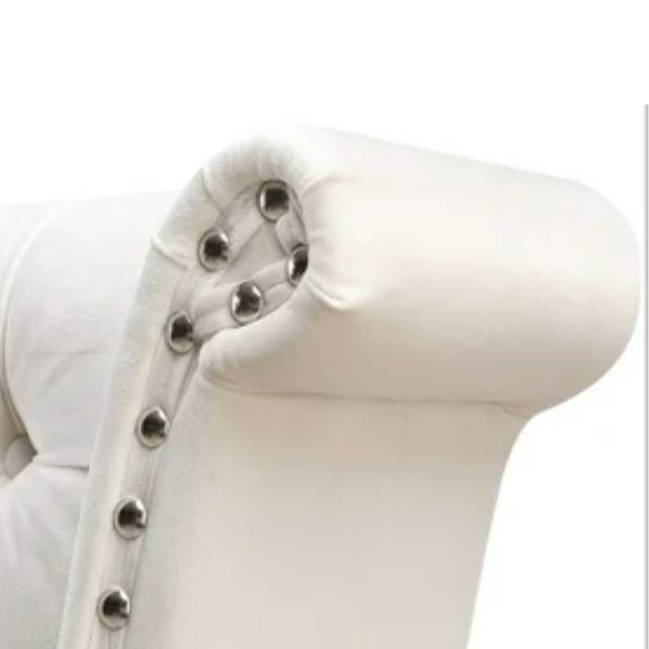 White velvet king-size platform bed with tall tufted wingback headboard, nailhead trim, and no box spring required

