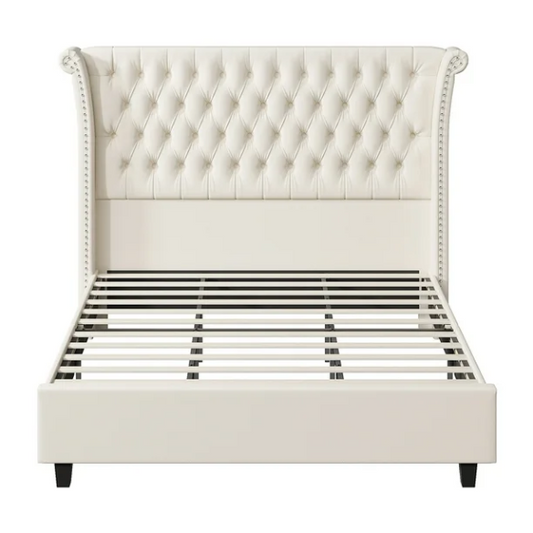 White velvet king-size platform bed with tall tufted wingback headboard, nailhead trim, and no box spring required

