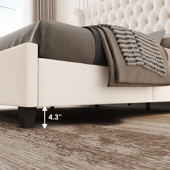 White velvet king-size platform bed with tall tufted wingback headboard, nailhead trim, and no box spring required


