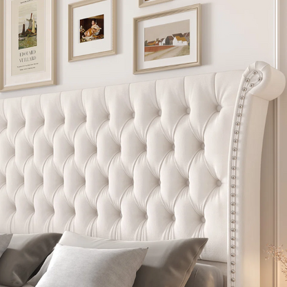 White velvet king-size platform bed with tall tufted wingback headboard, nailhead trim, and no box spring required


