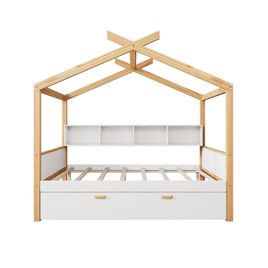 White twin house bed for kids with roof frame, pull-out trundle, and built-in back bookshelf, made from wood with natural accents.