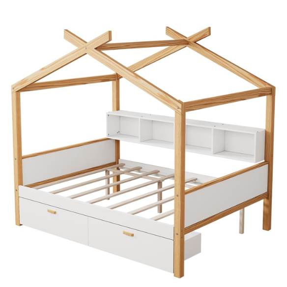 White twin house bed for kids with roof frame, pull-out trundle, and built-in back bookshelf, made from wood with natural accents.