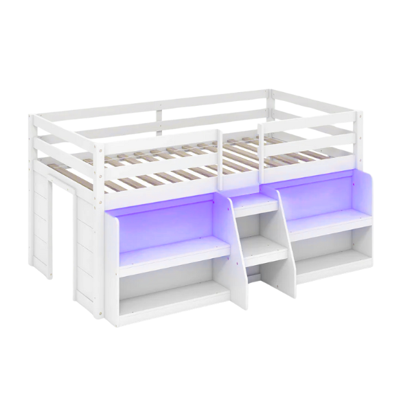 White twin low loft bed with LED lights, built-in bookshelf, under-bed storage, and stair access – ideal for kids or small bedrooms.