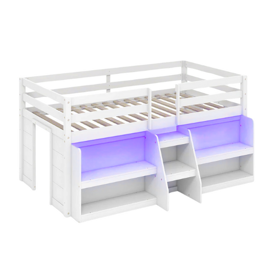 White twin low loft bed with LED lights, built-in bookshelf, under-bed storage, and stair access – ideal for kids or small bedrooms.